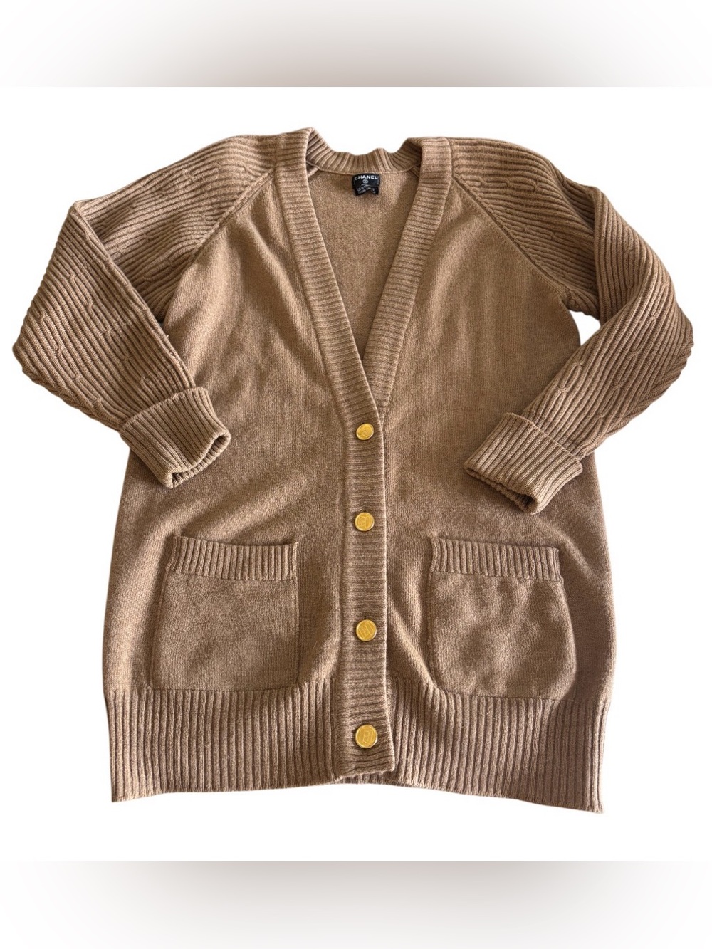 CHANEL 80s Vintage Camel Hair Cardigan | Made in Scotland | Gold Button | Size M - Picture 11 of 16